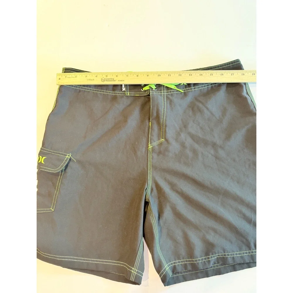 Hurley Mens Board Shorts Black Neon‎ Green Contrast Stitch Cargo Pocket Swim 36